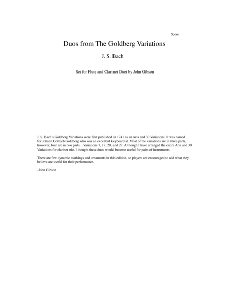 Js Bach Duos From The Goldberg Variations Set For Flute And Clarinet Sheet Music