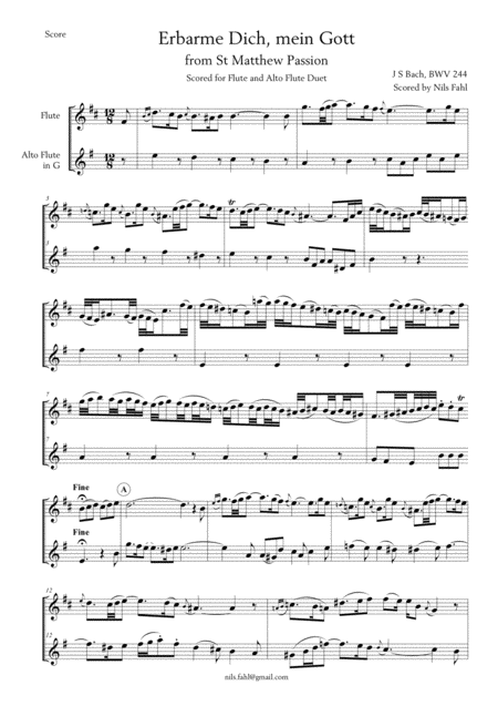 Js Bach Erbarme Dich Mein Gott Flute And Alto Flute Duet Sheet Music