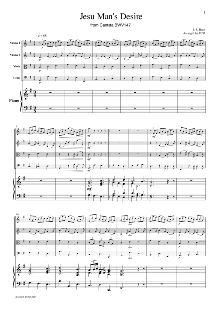 Free Sheet Music Js Bach Jesu Joy Of Mans Desire From Cantata Bwv147 For Piano Quintet Pb901