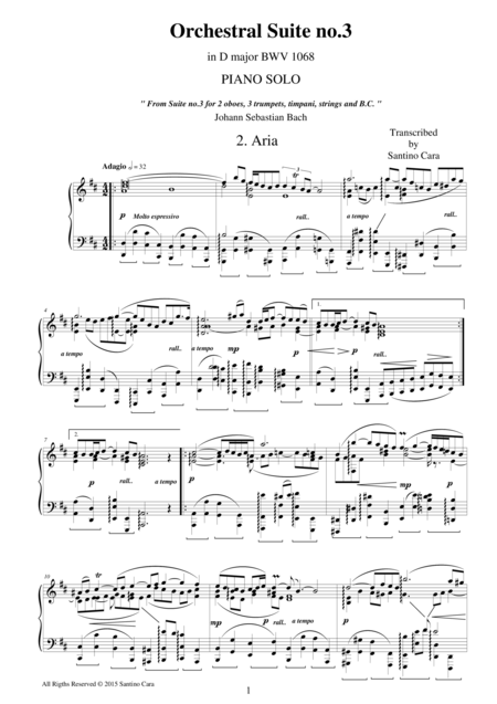 Free Sheet Music Js Bach Orchestral Suite No 3 In D Major Bwv 1068 2 Aria Piano Version