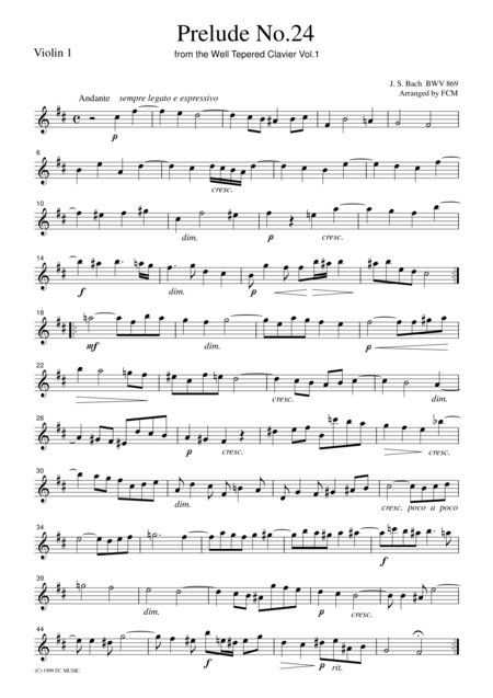 Js Bach Prelude No 24 From The Well Tepered Clavier Vol 1 For String Quartet Cb207 Sheet Music