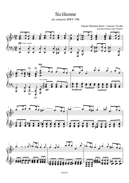 Js Bach Sicilienne Bwv 596 Arrangment Transcription For Piano By Jaap Eilander Sheet Music