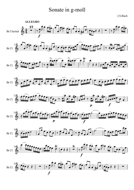 Free Sheet Music Js Bach Sonata In G Minor Bwv 1020 Arranged For Bb Clarinet And Piano Clarinet Part Only Three Movements 7 Pages