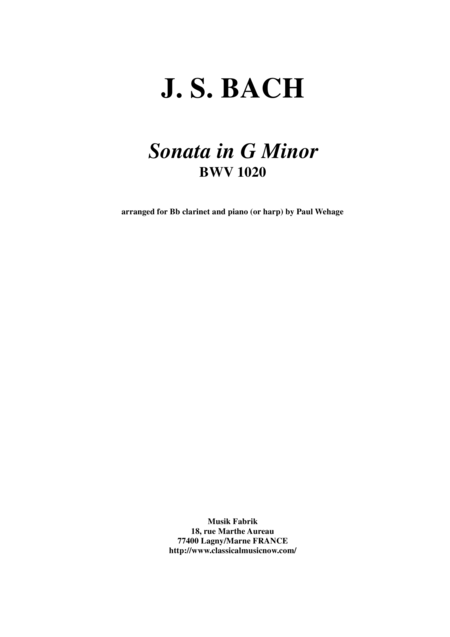 Js Bach Sonata In G Minor Bwv 1020 Arranged For Bb Clarinet And Piano Or Harp Sheet Music