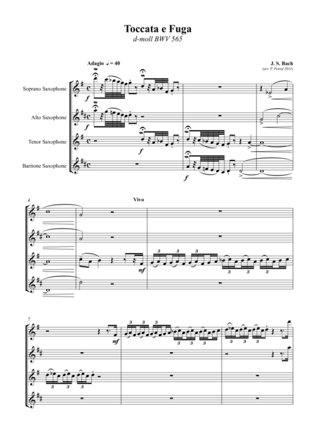 Js Bach Toccata E Fuga D Moll Bwv 565 For Saxophone Quartet Score And Parts Sheet Music