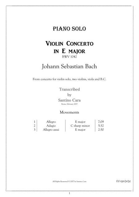 Js Bach Violin Concerto In E Major Bwv 1042 Piano Solo Complete Sheet Music