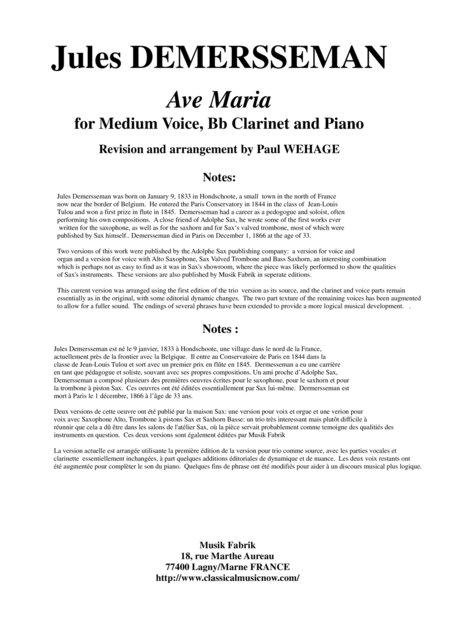 Jules Demersseman Ave Maria For Medium Voice Bb Clarinet And Piano Sheet Music