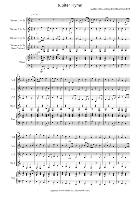 Jupiter Hymn For Clarinet Quartet Sheet Music