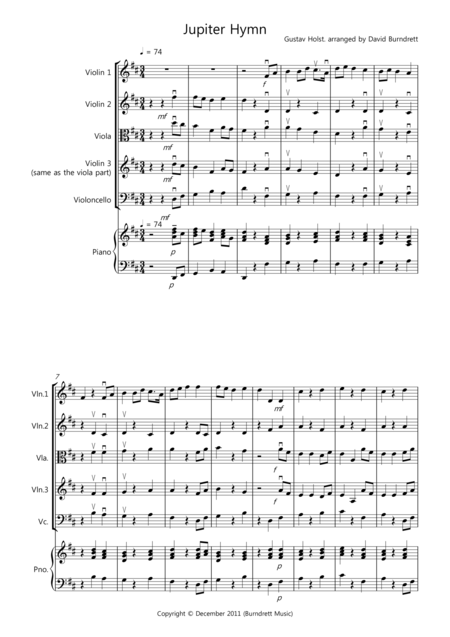 Free Sheet Music Jupiter Hymn For String Quartet