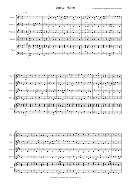 Jupiter Hymn For Violin Quartet Sheet Music