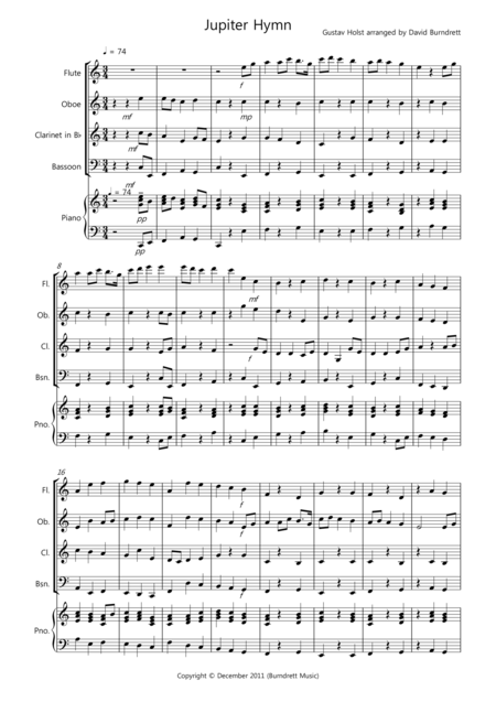 Jupiter Hymn For Wind Quartet Sheet Music