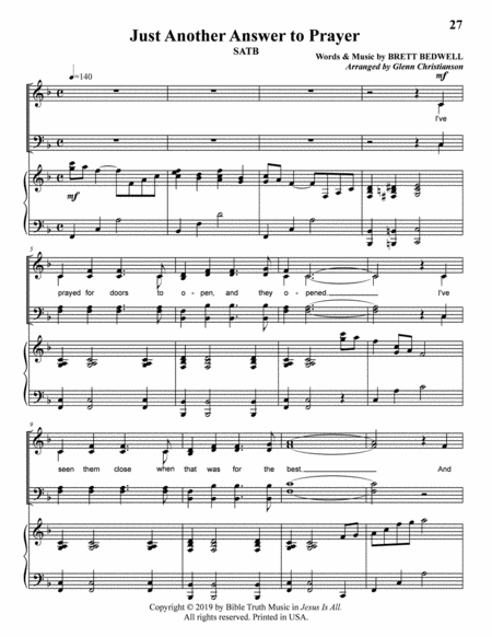 Free Sheet Music Just Another Answer To Prayer