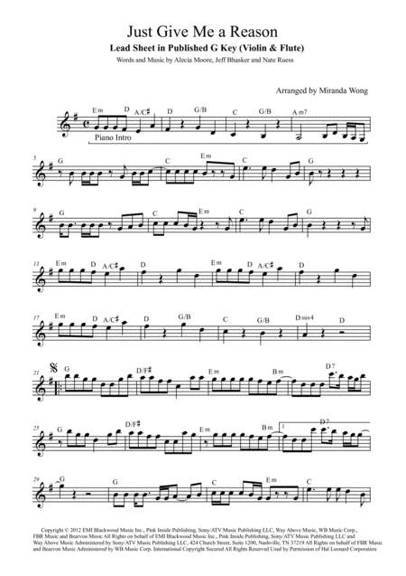 Just Give Me A Reason Alto Tenor Or Soprano Saxophone Concert Key Sheet Music