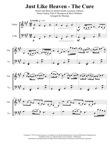 Free Sheet Music Just Like Heaven The Cure Arranged For String Duet