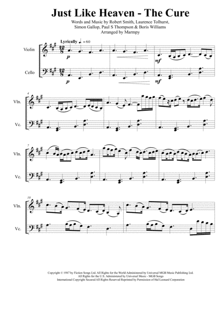 Just Like Heaven The Cure Arranged For String Duet Sheet Music