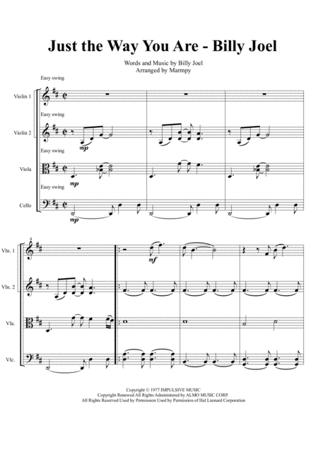 Free Sheet Music Just The Way You Are Billy Joel Arranged For String Quartet