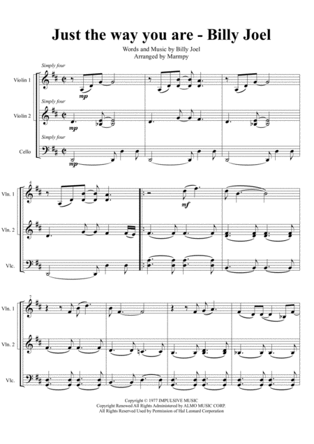 Just The Way You Are Billy Joel Arranged For String Trio Sheet Music