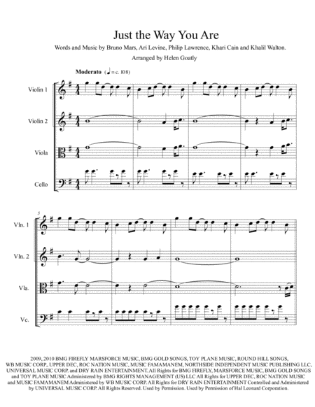 Just The Way You Are By Bruno Mars Arranged For String Quartet Sheet Music