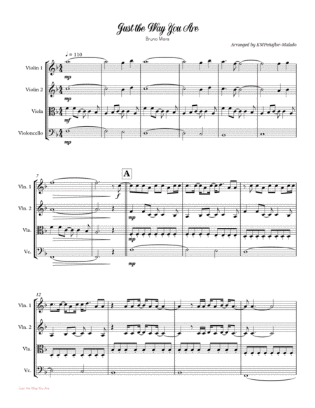 Free Sheet Music Just The Way You Are By Bruno Mars String Quartet