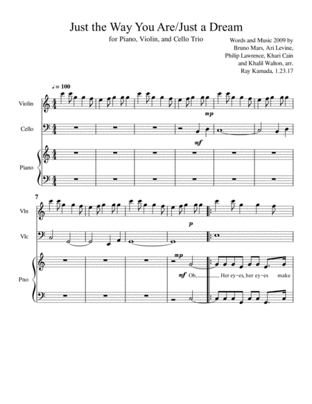 Just The Way You Are For Piano Violin Cello Trio Sheet Music