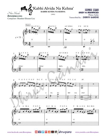 Kabhi Alvida Na Kehna Piano Arrangement Easy To Advanced Sheet Music