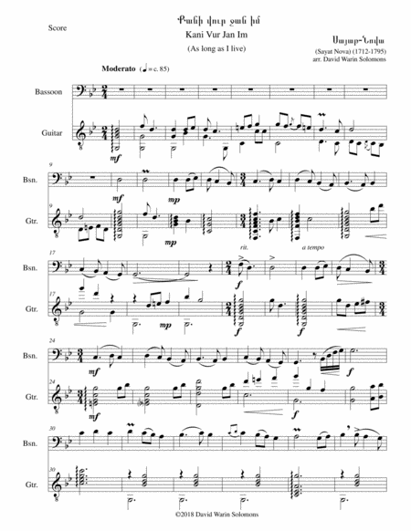 Free Sheet Music Kani Vur Jan Im As Long As I Live Arranged For Bassoon And Classical Guitar