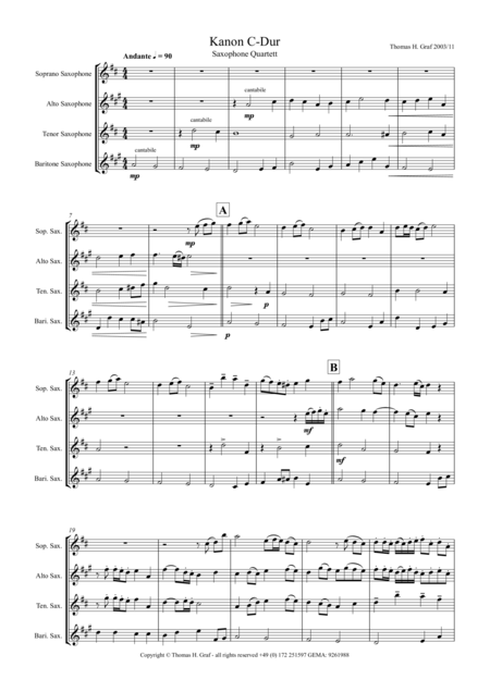 Free Sheet Music Kanon C Dur Saxophone Quartet