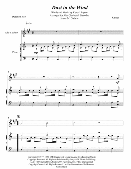 Kansas Dust In The Wind For Alto Clarinet Piano Sheet Music