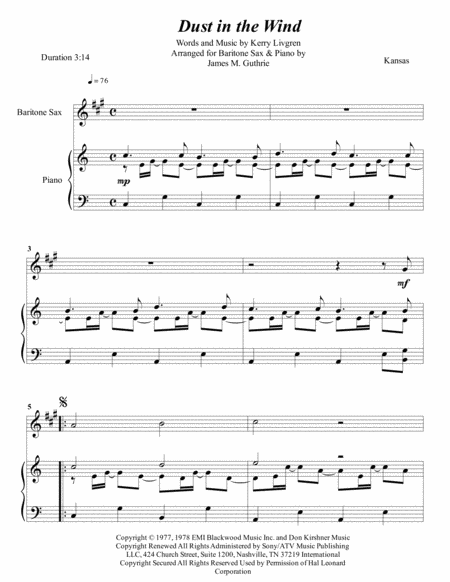 Kansas Dust In The Wind For Baritone Sax Piano Sheet Music