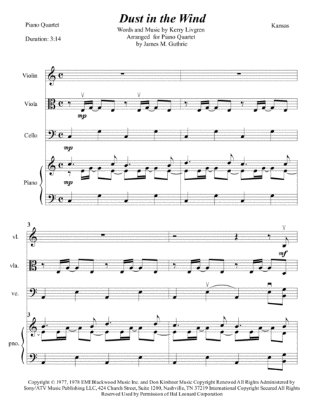 Kansas Dust In The Wind For Piano Quartet Sheet Music