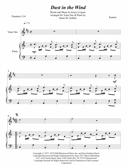 Kansas Dust In The Wind For Tenor Sax Piano Sheet Music