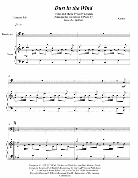 Free Sheet Music Kansas Dust In The Wind For Trombone Piano