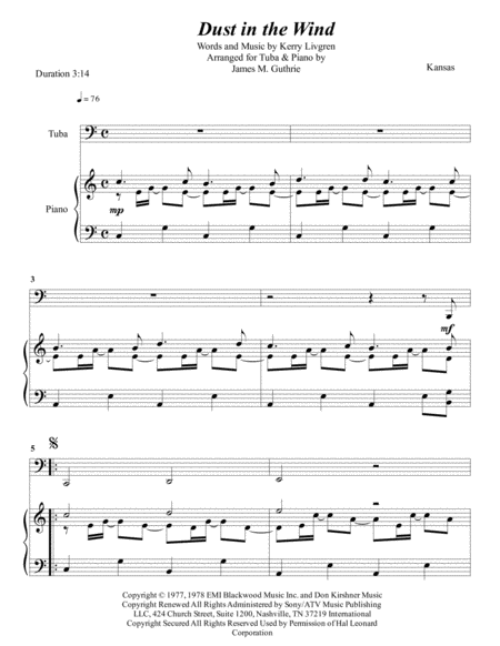 Kansas Dust In The Wind For Tuba Piano Sheet Music