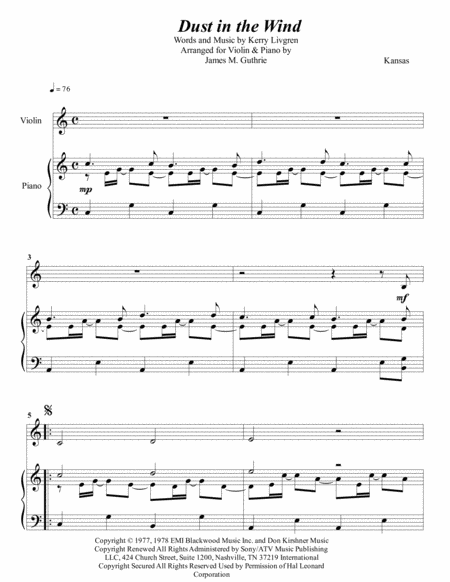 Kansas Dust In The Wind For Violin Piano Sheet Music