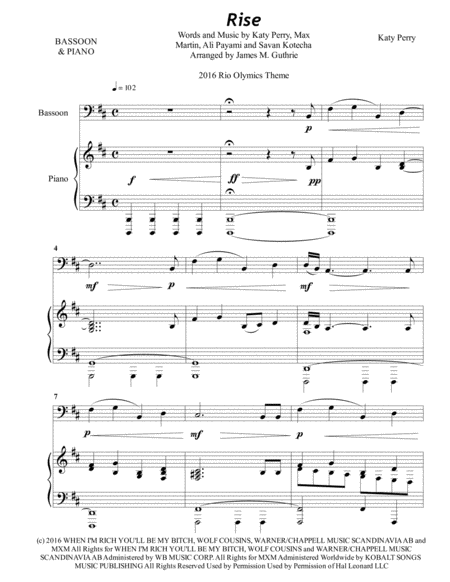 Katy Perry Rise For Bassoon Piano Sheet Music