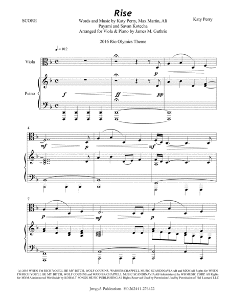 Katy Perry Rise For Viola Piano Sheet Music