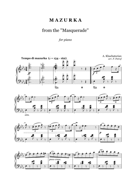 Khachaturian Mazurka From The Masquerade Piano Solo Sheet Music