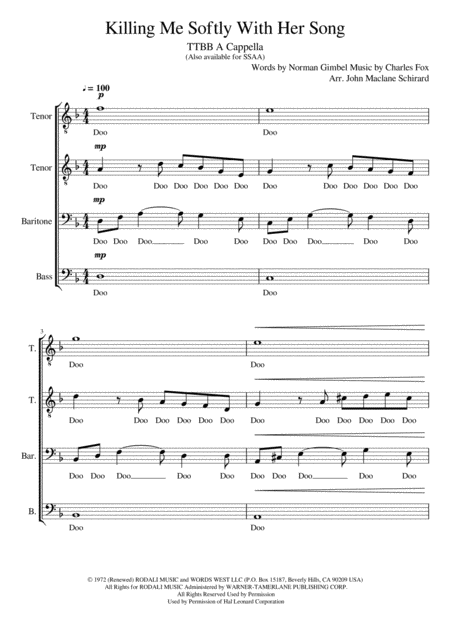 Free Sheet Music Killing Me Softly With Her Song