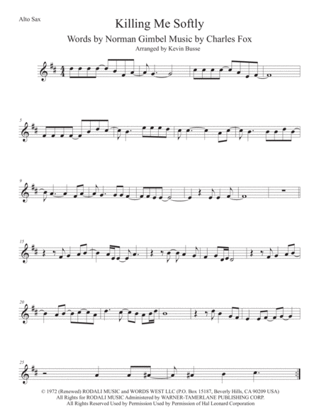 Killing Me Softly With His Song Alto Sax Sheet Music