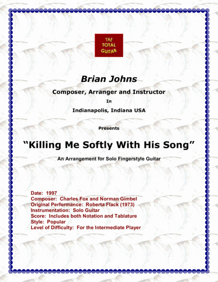 Killing Me Softly With His Song Arranged For Solo Fingerstyle Guitar Sheet Music