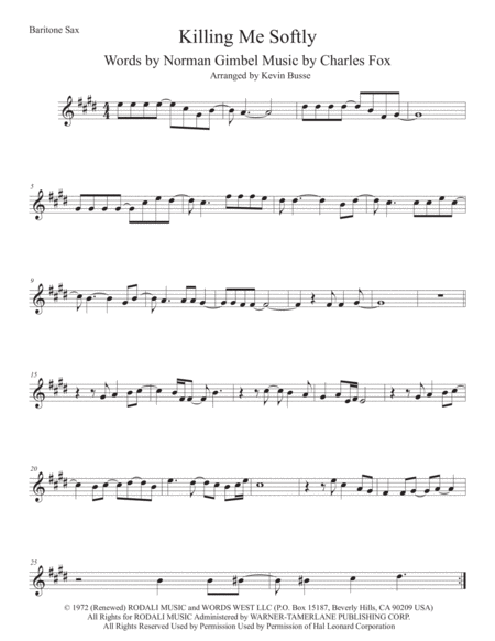 Killing Me Softly With His Song Bari Sax Original Key Sheet Music