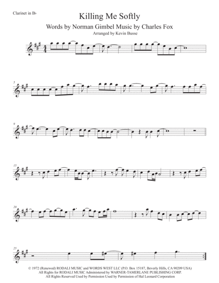 Free Sheet Music Killing Me Softly With His Song Clarinet Original Key