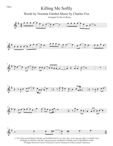 Killing Me Softly With His Song Oboe Original Key Sheet Music