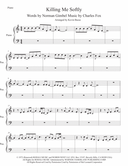 Free Sheet Music Killing Me Softly With His Song Piano Easy Key Of C