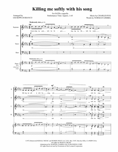 Free Sheet Music Killing Me Softly With His Song Satb A Cappella