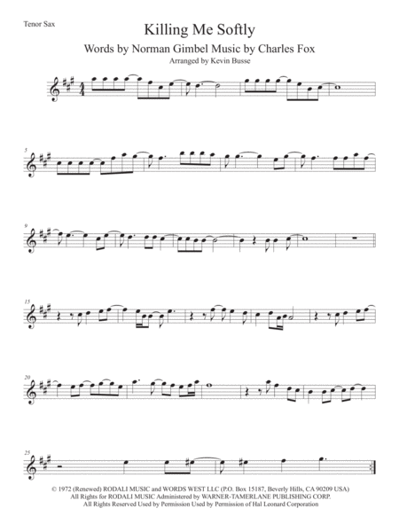 Killing Me Softly With His Song Tenor Sax Original Key Sheet Music