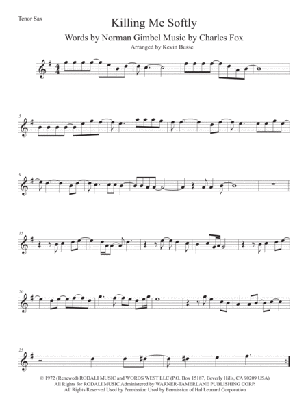 Killing Me Softly With His Song Tenor Sax Sheet Music