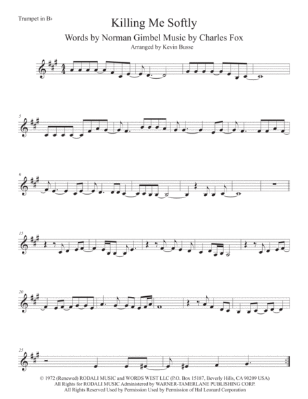 Killing Me Softly With His Song Trumpet Original Key Sheet Music