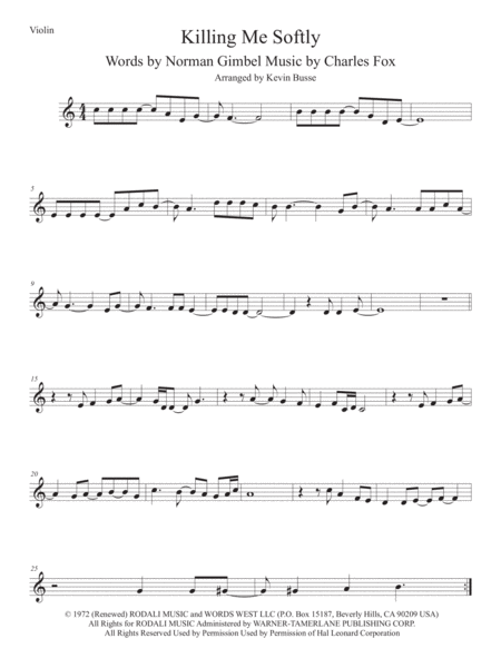 Free Sheet Music Killing Me Softly With His Song Violin Easy Key Of C