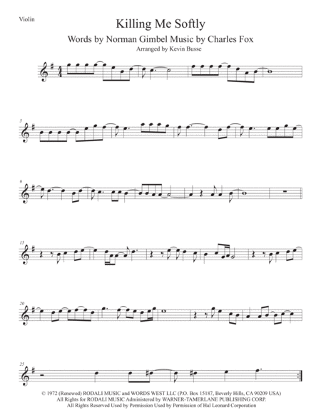 Free Sheet Music Killing Me Softly With His Song Violin Original Key